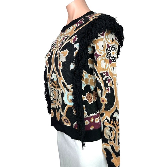 Ronny Kobo Pullover Sweater Sz XS Long Sleeve Fringe Black Brown White Viscose - Picture 2 of 7